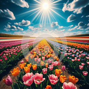 A field of colorful tulips under a bright blue sky on a sunny day, generative ai