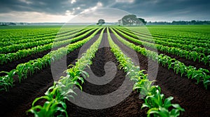 A field of corn with a lone tree in the distance