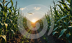 A field of corn is shown with a sun setting in the background.