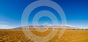 field covered with dry grass bumps with small Kyrgyz town Balykchy and high mountains on the horizon, wide angle