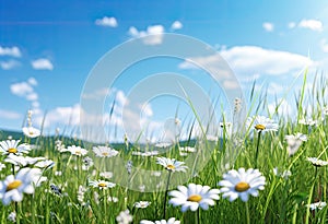 a field with daisies and beautiful blue sky