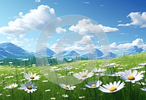 a field with daisies and beautiful blue sky