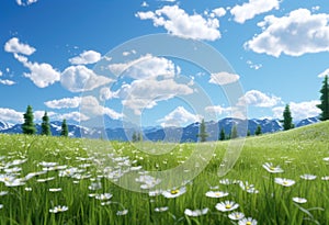 a field with daisies and beautiful blue sky