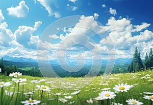 a field with daisies and beautiful blue sky