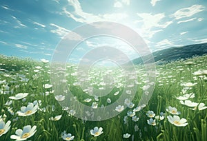 a field with daisies and beautiful blue sky