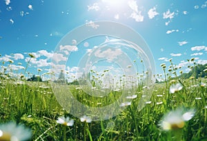 a field with daisies and beautiful blue sky