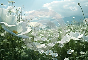 a field with daisies and beautiful blue sky