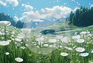 a field with daisies and beautiful blue sky