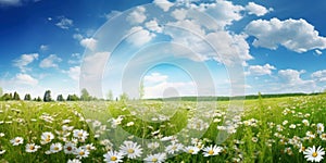 Field of daisies with bright sun on the sky. Ai generative