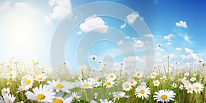 Field of daisies with bright sun on the sky. AI Generative