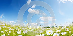 Field of daisies with bright sun on the sky. AI Generative