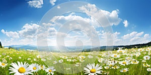 Field of daisies with bright sun on the sky. AI Generative