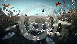 Field of daisies and butterflies at sunset. 3d rendering