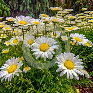 A field of daisies is shown with a blue sky in the background