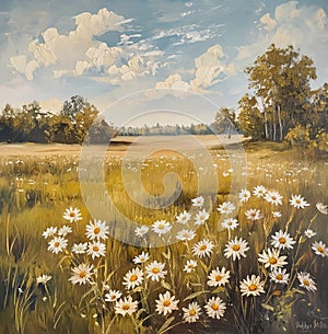Field with daisies in the style of nostalgic landscapes dariusz zawadzki arthur sarnoff traditional landscapes photo