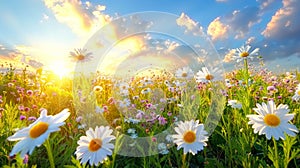 A field of daisies under the setting sun