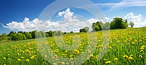 Field with dandelions and blue sky