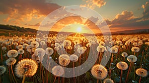 A field of dandelions is in full bloom, with the sun setting in the background