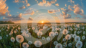 A field of dandelions is in full bloom, with the sun setting in the background