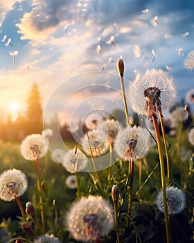 Field of Dandelions at Sunset