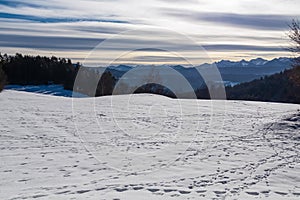 Field of deep crystal snow with scenic view of the snow capped Karawanks mountain range near Techelsberg, Carinthia, Austria