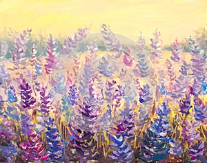 Field of delicate flowers Lavender. Blue-purple flowers in summer painting artwork.