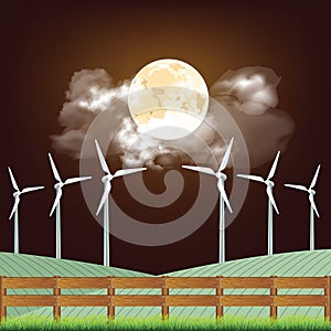 Onshore wind turbines at night