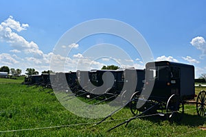 Field Filled with Amish Buggies Parked in Lancaster County