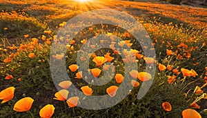 A field filled with orange California poppies shining brightly under the sun