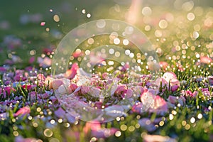 A Field Filled With Pink Flowers Covered in Dew, Confetti gently resting on dew-kissed grass after an early morning celebration,