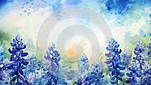 A field filled with vibrant blue flowers, showcasing the beauty of nature in full bloom. Spring watercolor art with copy space