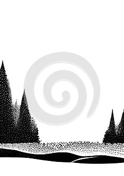 Field and fir trees, black and white landscape illustration.