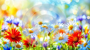 A field of flowers with a bright blue sky in the background. Colorful Daisy Meadow