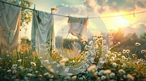 Field flowers clothes hanging line