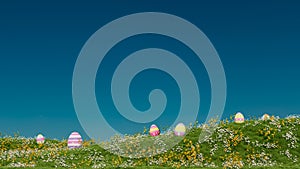 a field of flowers and eggs on a hill side with a blue sky in the background and a few white flowers in the foreground, 3D render