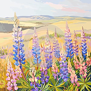 Field of flowers. Multicoloured lupine. Art illustration for design. Texas and symbols. Vector stylised illustration.