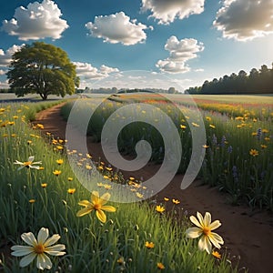 Field of flowers with a path, summer landscape