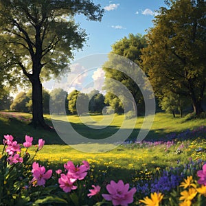 a field of flowers and a perfect sky.