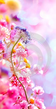 A field of flowers with a pink background. Pastel dreamlike floral landscape