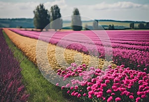 field full of colorful flowers next to a tree lined sidewalk