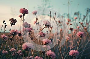 a field full of pink frilly flowers grow,