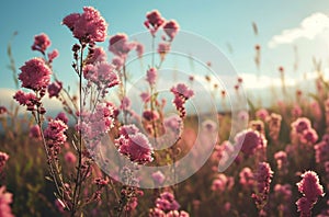 a field full of pink frilly flowers grow,