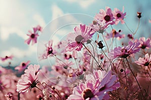 a field full of pink frilly flowers grow, photo