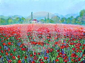 A field full of poppies, acrylic painting