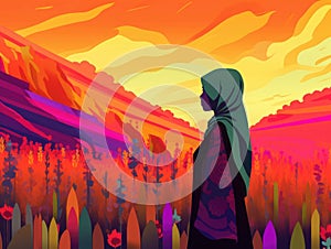 In a field full of vibrant colors a Muslim woman in hijab stands acefully and boldly unafraid to speak her truth as an