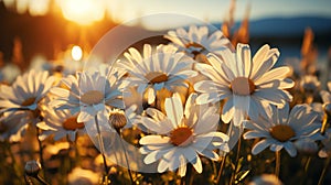 Field full of white daisies with the sun shini. Generative AI.
