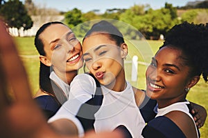 Field, girl or cheerleaders in team selfie at a game with support in training, exercise or fitness workout. Female