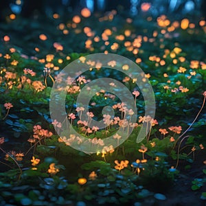 A field of glowing, bioluminescent clovers that respond to the presence of fairies with a radiant, choreographed dance1