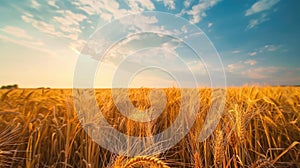 A field of golden wheat with a bright sun shining through the clouds