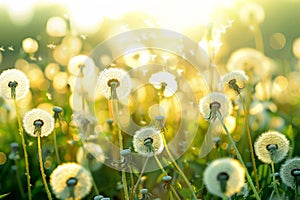 field of grass, Dandelion flower on the background of the sunset.ai generative